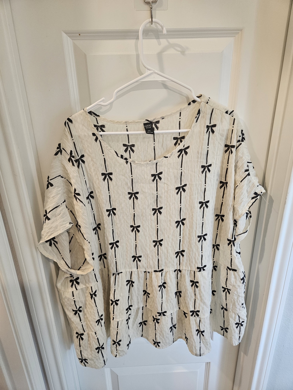 Painted Threads White Peplum Blouse with Black Bow Print
